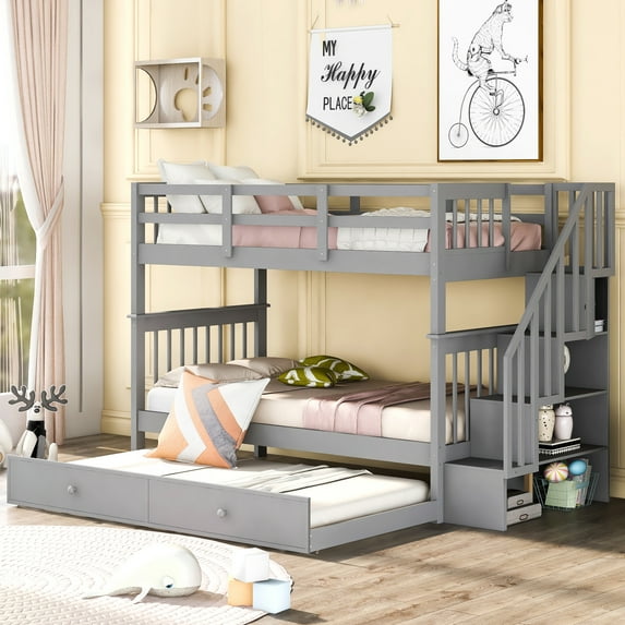 Harper & Bright Designs Twin Over Twin Stairway Bunk Bed with Storage Shelves, Wooden Twin Size Bunk Bedframe with Trundle for Bedroom Dorm, Gray