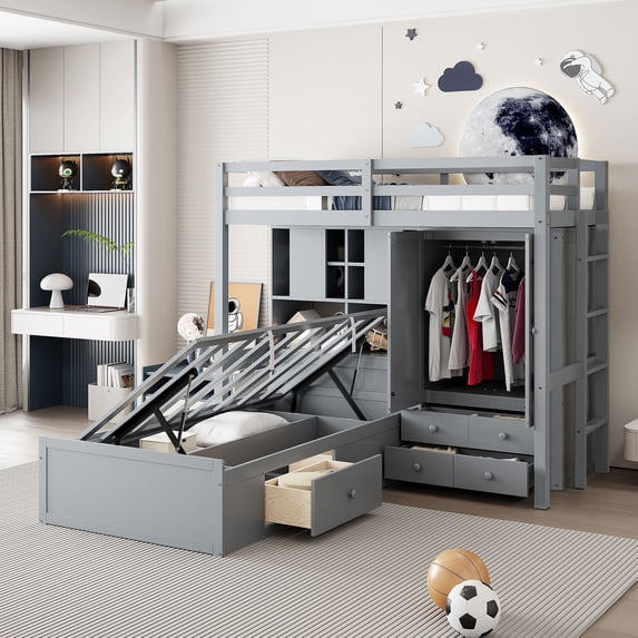 Harper & Bright Designs Twin Size Bunk Bed with Hydraulic Bed and Wardrobe, Wooden Bunkbed with 6 Drawers & Storage Shelves, Full-Length Guard Rail, Gray