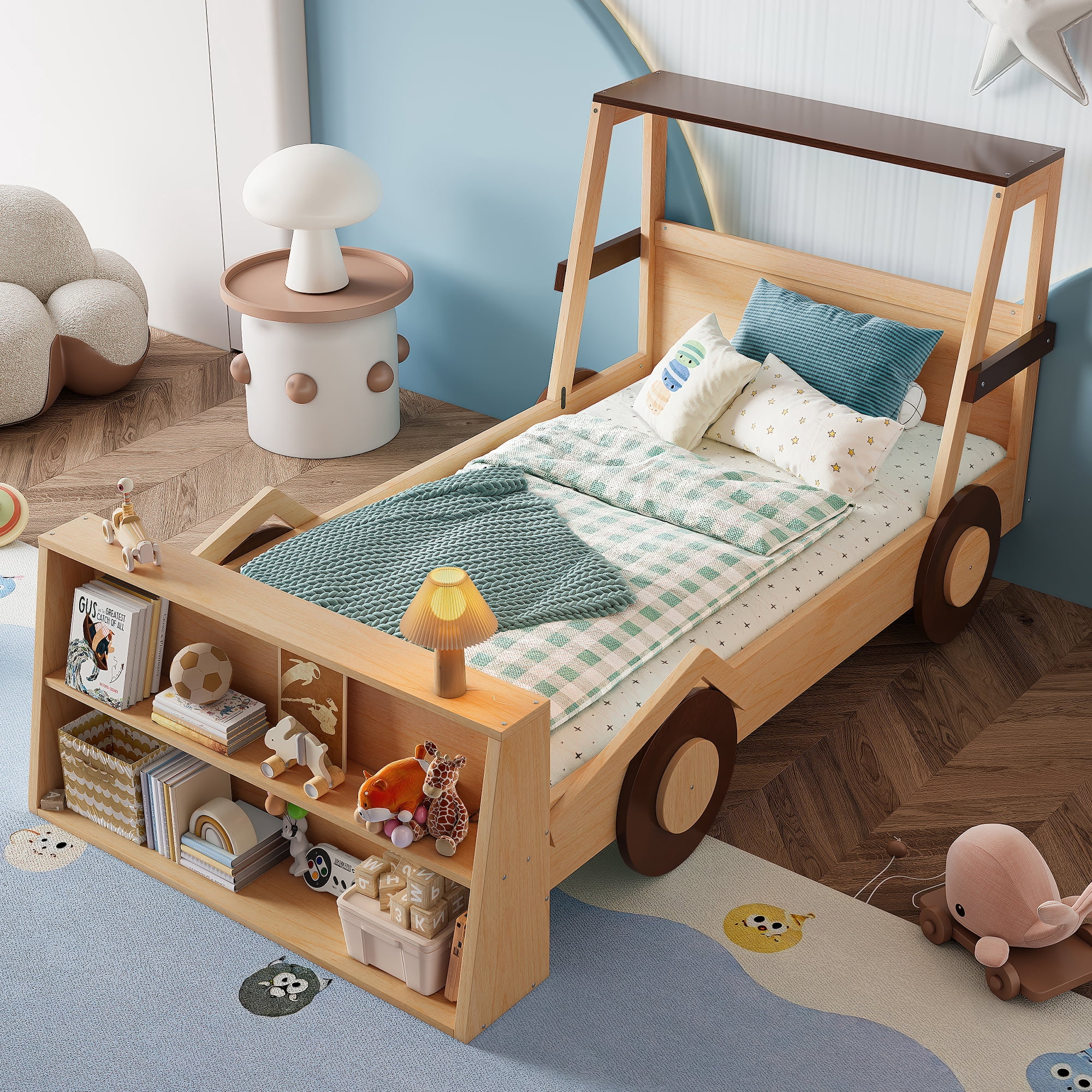 Harper & Bright Designs Twin Size Car Bed with Storage Shelves, Wood Platform Bed with Car-shape for Boys and Girls, Natural