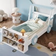 thumbnail image 1 of Harper & Bright Designs Twin Size Car Bed with Storage Shelves, Wood Platform Bed with Car-shape for Boys and Girls, White+Blue, 1 of 12