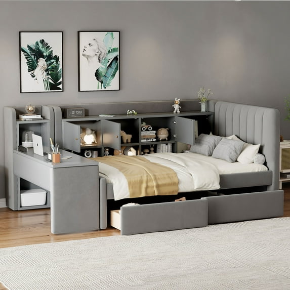 Harper & Bright Designs Twin Size Corner Bed Frame with Drawers, Daybed with Storage Shelves, Wooden L Shaped Beds with Side Desk, Gray