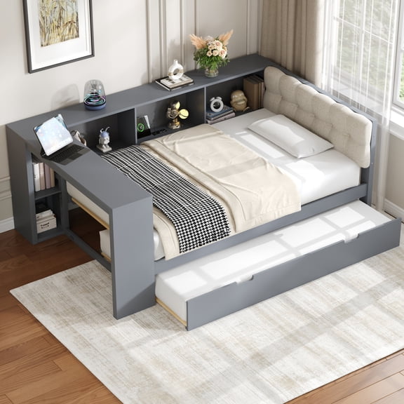 Harper & Bright Designs Twin Size Daybed with Desk, Trundle and Shelves, Wood Captains Bed with Upholstered Headboard, Charging Station and Side Bookcase, Gray