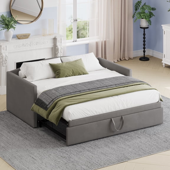 Harper & Bright Designs Twin Size Daybed with Extended Pop Up Trundle, Upholstered Sofa Bed Daybed, Twin to King Space-Saving Daybed Frame for Guest Room Bedroom, Gray