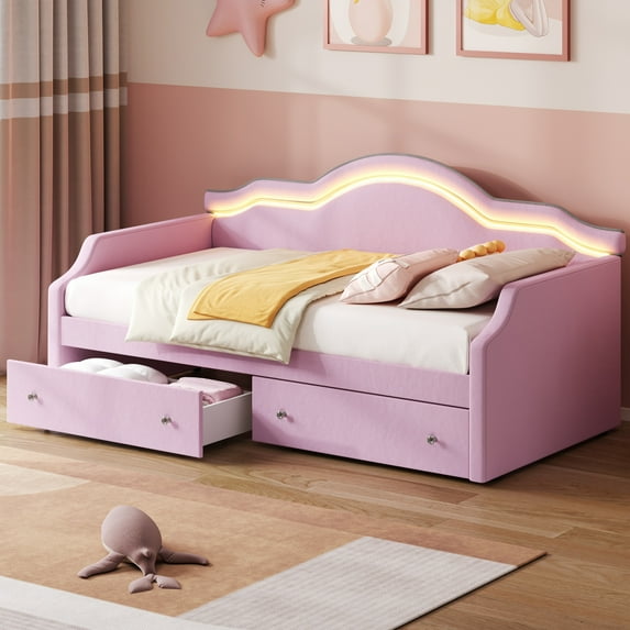 Harper & Bright Designs Twin Size Daybed with 2 Storage Drawers and LED Light, Twin Velvet Upholstered Daybed with Wave Cloud Backrest, Pink
