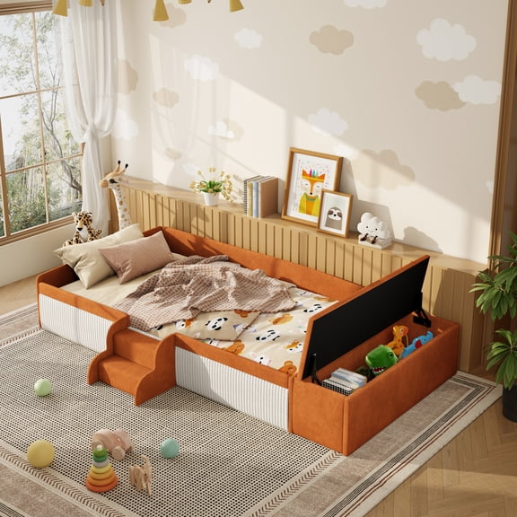 Harper & Bright Designs Twin Size Floor Daybed with Stairs, Velvet Upholstered Daybed Frame with Lift-Up Side Storage, Low Platform Bed for with Padded Guardrails, Brown+White