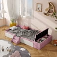 thumbnail image 1 of Harper & Bright Designs Twin Size Floor Daybed with Stairs, Velvet Upholstered Daybed Frame with Lift-Up Side Storage, Low Platform Bed for with Padded Guardrails, Pink+White, 1 of 17