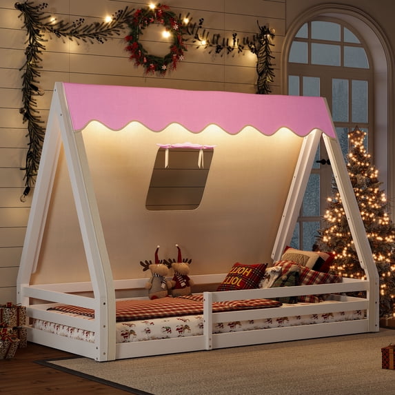 Harper & Bright Designs Twin Size Floor House Bed with Tent and Light, Solid Wood Platform Bed with Guardrails for Boys and Girls, White+Pink