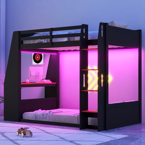 Harper & Bright Designs Twin Size Gamer Loft Bed with Desk & LED Lights, Twin Wood Loft Bed Frame with Two Storage Shelves, Space-Saving Gaming & Workstation Bedframe, Black+Red