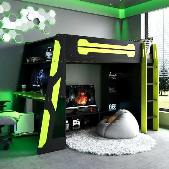 Harper & Bright Designs Twin Size Gaming Loft Bed with Desk & RGB Lights, Twin Wood Loft Bed Frame with Storage Shelves & Charging Station, Green