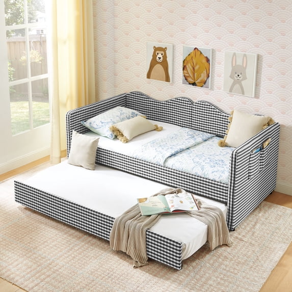 Harper & Bright Designs Twin Size Gingham Daybed with Pull‑out Trundle, Upholstered Sleeper Sofa with Solid Wood Frame, Convertible Sofa Bed with Side Storage and Rolling Wheels for Bedroom, Black