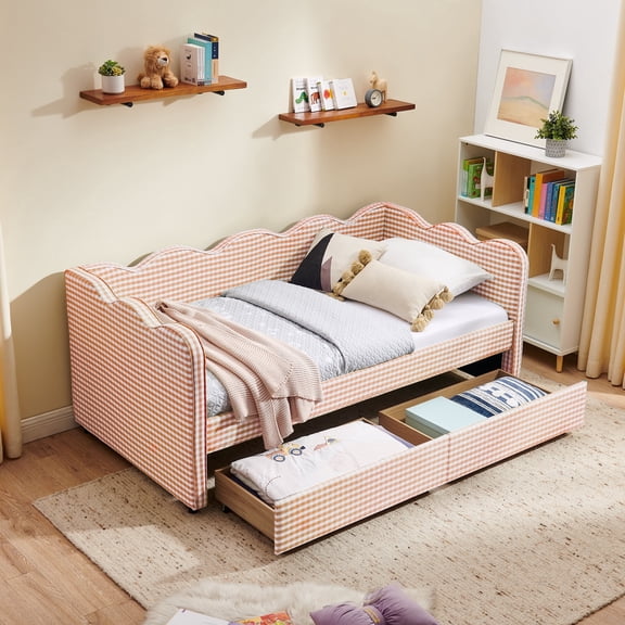 Harper & Bright Designs Twin Size Gingham Daybed with Storage Drawers, Linen Sofa Bed Frame with USB Port for Living Room and Bedroom, Pink