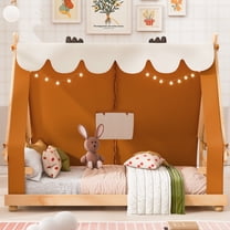 Harper & Bright Designs Twin Size House Bed with Light and Tent, Twin Montessori Floor Bed Play and Sleep Bed for Girls Boys Bedroom, Brown