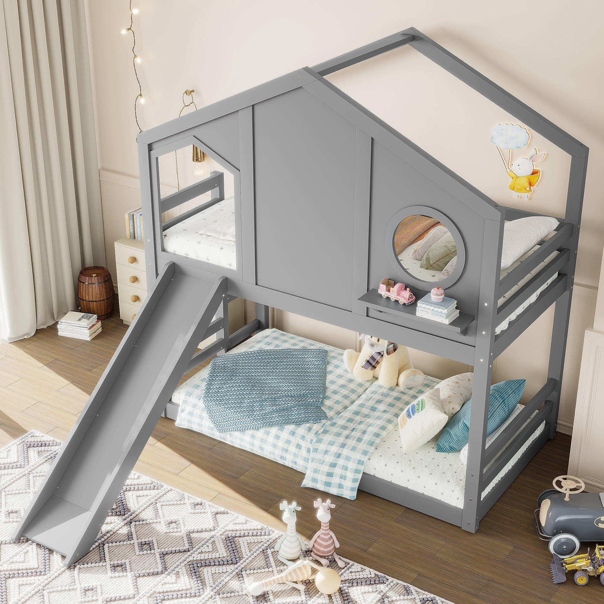 Harper & Bright Designs Twin Size House Bunk Bed with Slide and Storage ...