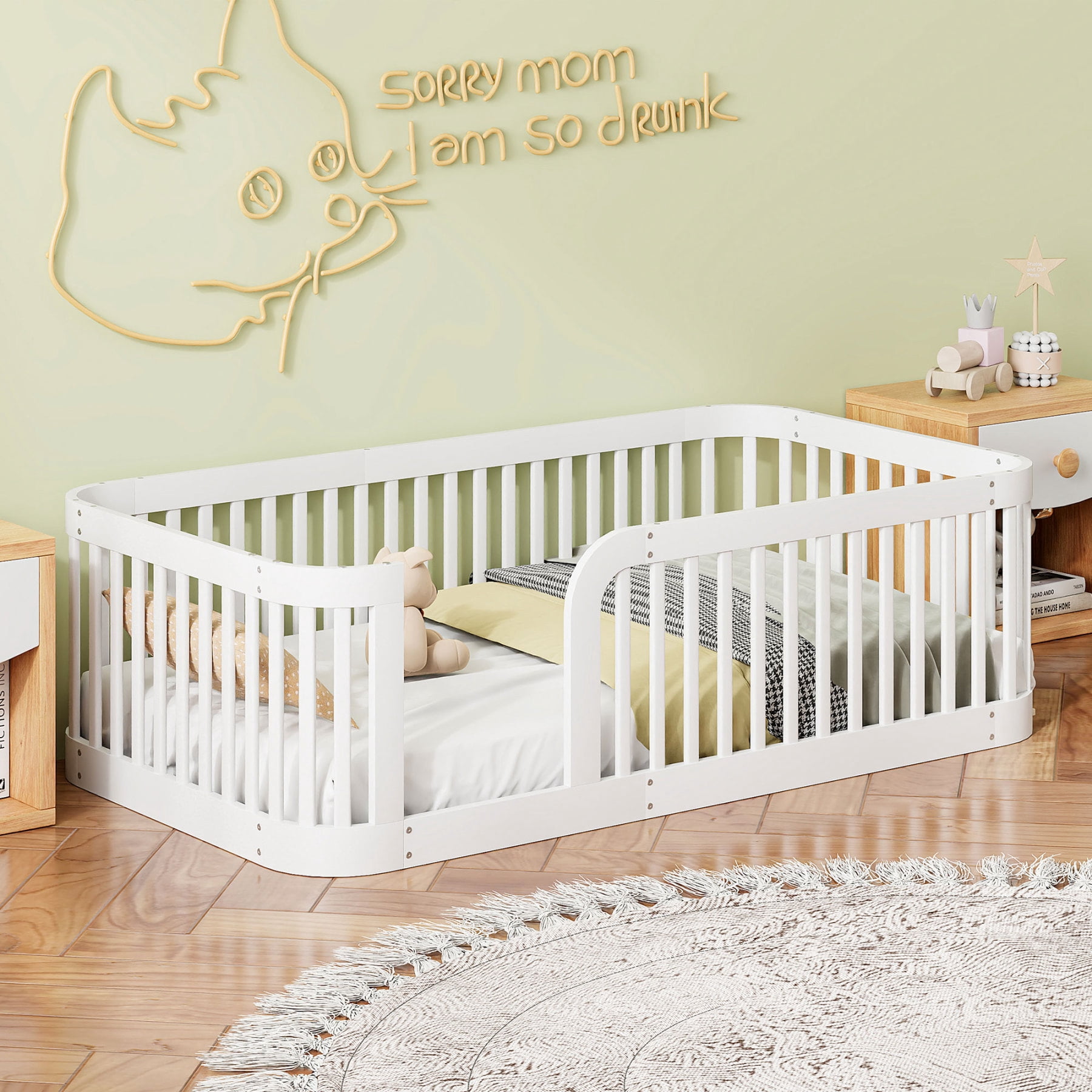 Harper & Bright Designs Twin SizeFloor Bed Frame with Door and Fence, Montessori Floor Bed with Slats and Safety Guardrails for Girls Boys, White
