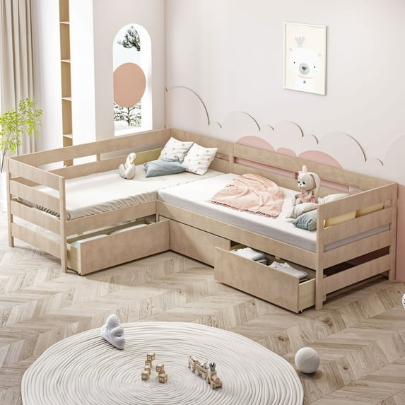 Harper & Bright Designs Twin Size L-Shaped Platform Bed , Wood Platform Bed Frame with 3 Storage Drawers and Guardrail for Boys Girls, Natural