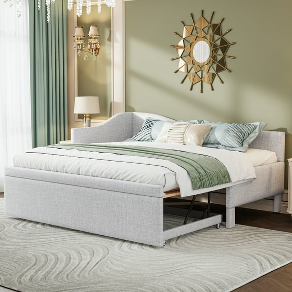 Harper & Bright Designs Twin Size L Shaped Platform Bed with Pop Up Trundle, Wood Upholstered Corner Bed Frame for Bedroom, Beige