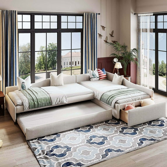 Harper & Bright Designs Twin Size L Shaped Platform Bed with Trundle, Wood Upholstered Corner Bed Frame with Drawer, Beige