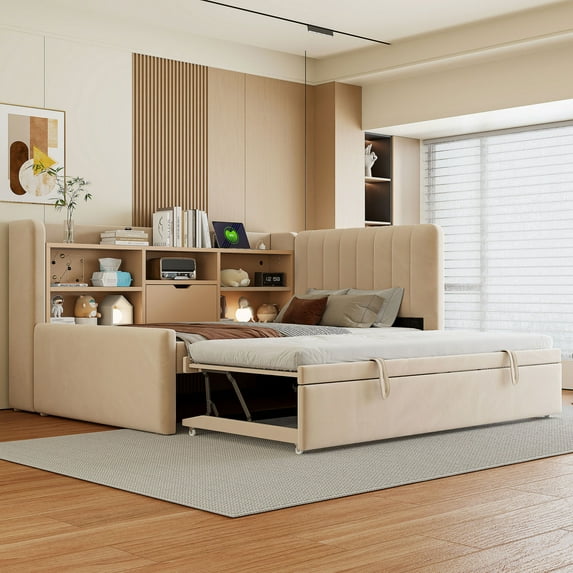 Harper & Bright Designs Twin Size L Shaped Platform Bed with Trundle, Wood Upholstered Corner Bed Frame with Storage Shelves, USB & Outlet, Beige