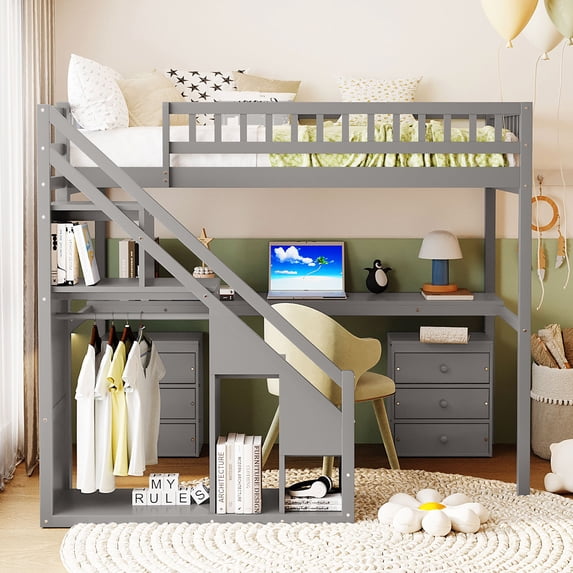 Harper & Bright Designs Twin Size Loft Bed with Storage Staircase and Hanger, Solid Wood Loft Bed Frame with Two Chest of Drawers, Desk and Light Strip, Space-Saving Loft Bed for Apartment, Gray