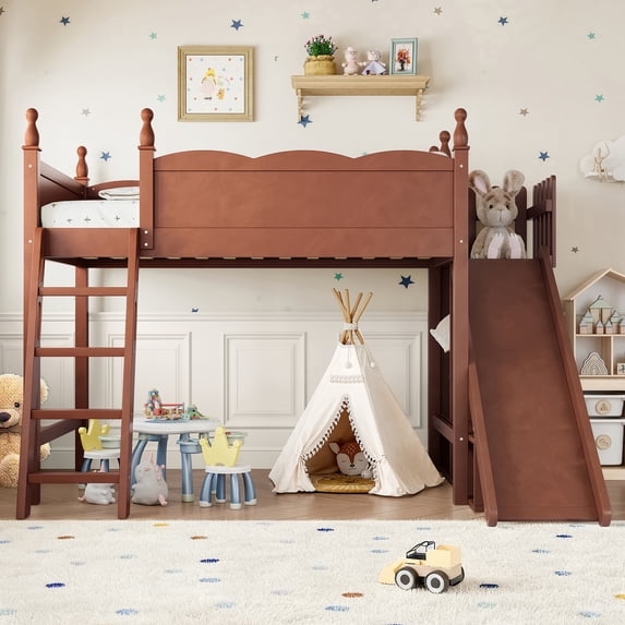 Harper & Bright Designs Twin Size Loft Bed with Wardrobe and Storage Shelves, Solid Wood Loft Bed Frame with Detachable Slide and Ladders, Antique Natural