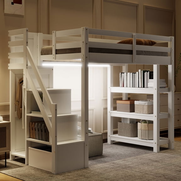 Harper & Bright Designs Twin Size Loft Bed with Wardrobe & Storage Stairs, Wood Loft Bed Frame with LED Lights and Storage Shelves, White