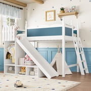 Harper & Bright Designs Twin Size Loft Bed with Wardrobe and Storage Shelves, Solid Wood Loft Bed Frame with Detachable Slide and Ladders, Blue+White