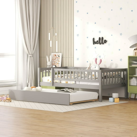 Harper & Bright Designs Twin Size Low Daybed with Trundle, Wood Twin Platform Bed Frame with Rails for Boys and Girls Bedroom, Gray
