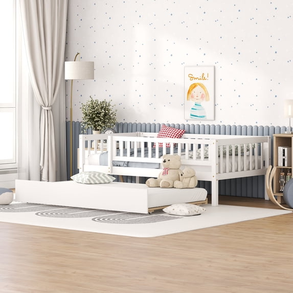 Harper & Bright Designs Twin Size Low Daybed with Trundle, Wood Twin Platform Bed Frame with Rails for Boys and Girls Bedroom, White