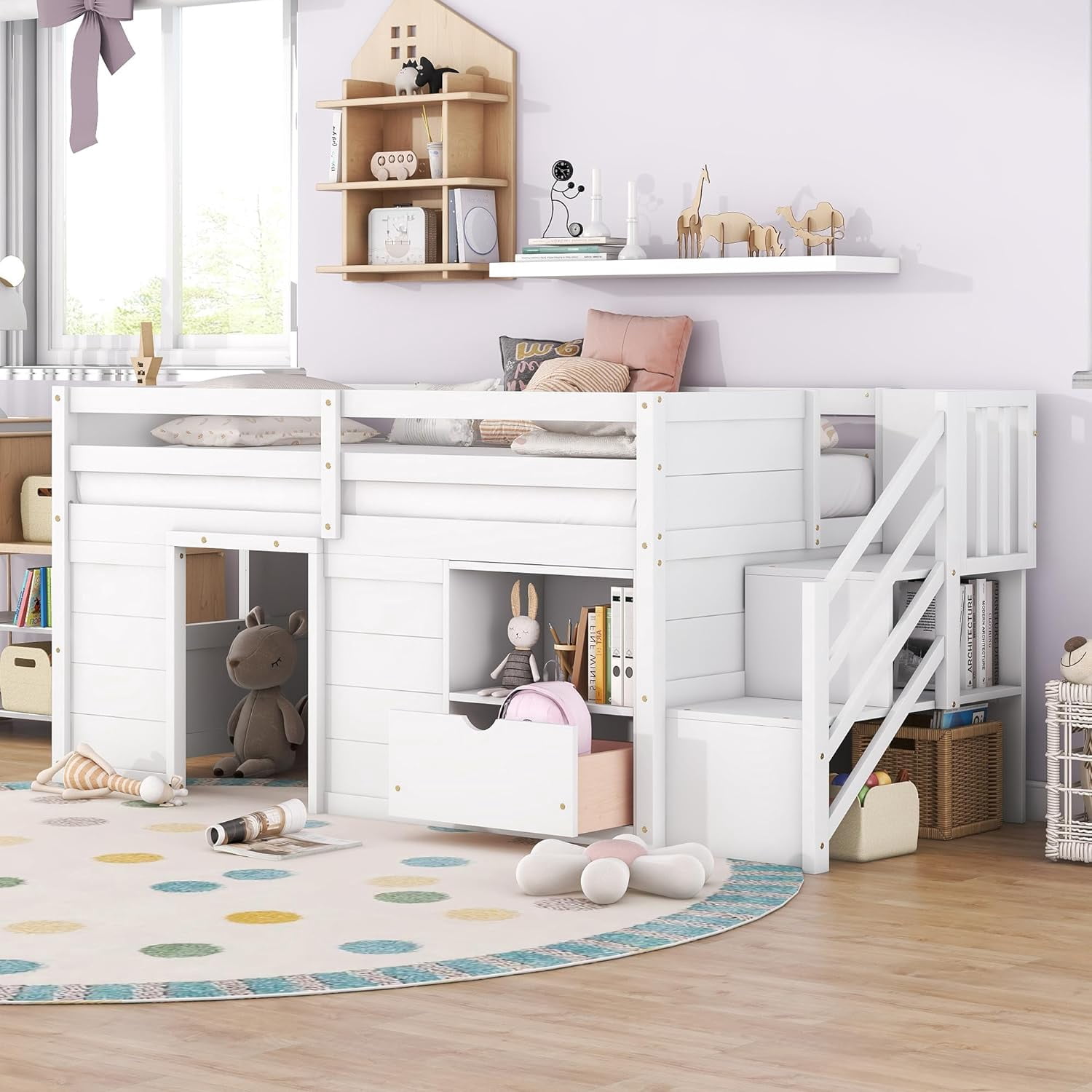 Harper & Bright Designs Twin Size Low Loft Bed with Storage,Wood Kids Loft Bed with Stairs,Loft ...