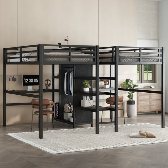 Harper & Bright Designs Twin Size Metal Loft Bed with Double Desk and Wardrobe, Twin Over Twin Loft Bed with Shelves and Electrical Outlet, Black