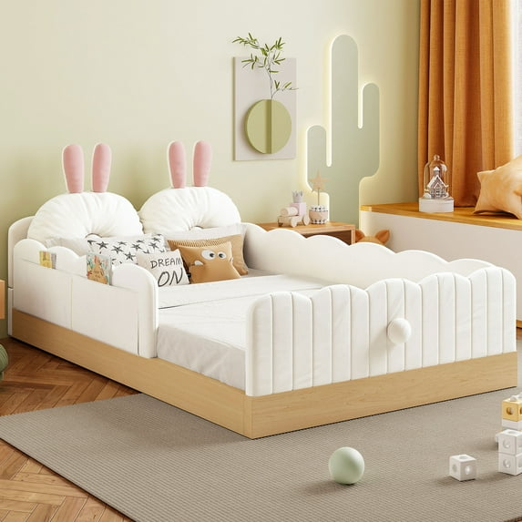 Harper & Bright Designs Twin Size Floor Bed with Upholstered Pillows, Safety Fence Guardrails, Floor Platform Bed with Cute Rabbit Ear Shaped Pillows, Beige