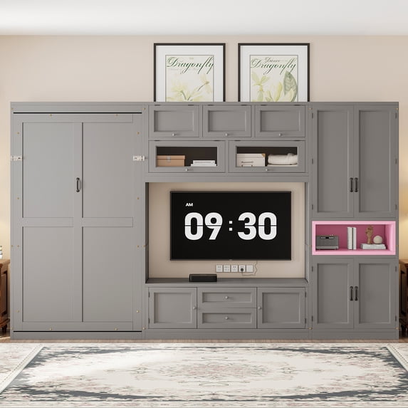 Harper & Bright Designs Twin Size Murphy Bed with Cabinets and TV Stand, Wooden Twin Cabinet Bed Wall Bed with Storage Shelves, Folding Wall Chest Bed with 2 Drawers, Gray