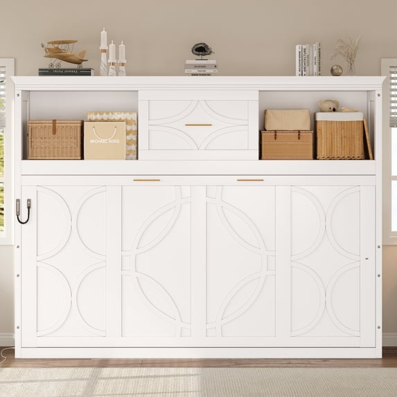 Harper & Bright Designs Twin Size Murphy Bed with Storage Shelves, Wooden Twin Cabinet Bed Wall Bed with Charging Station and Drawer, Folding Wall Chest Bed for Guest Room, White