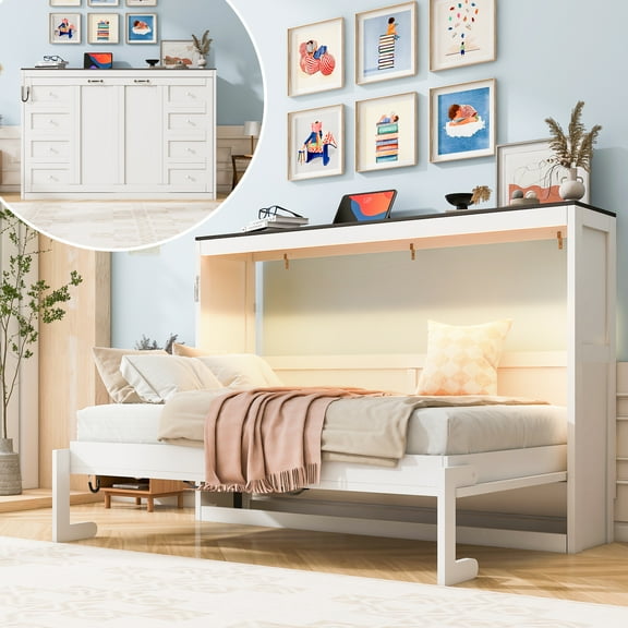 Harper & Bright Designs Twin Size Murphy Bed with LED Light, can be Folded into a Cabinet, Hidden Wall Bed Cabinet for Guest Room, White