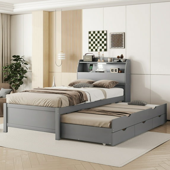 Harper & Bright Designs Twin Size Platform Bed Frame with Trundle and 3 Drawers, Wooden LED Platform Bed W/Hidden Storage Headboard & USB Port, Gray