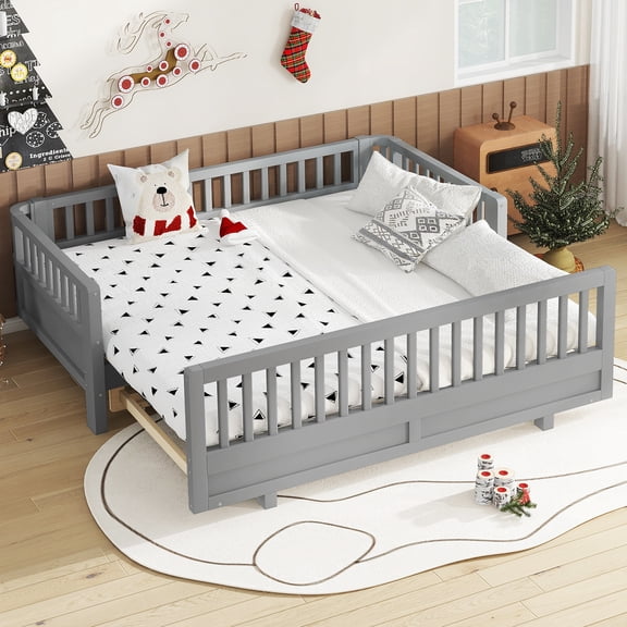 Harper & Bright Designs Twin Size Platform Bed with Guardrails, Wood Platform Bed Frame for Boys and Girls, Can Be Converted into a Double Twin Platform Bed, Gray