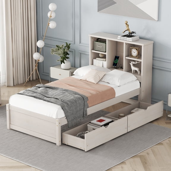 Harper & Bright Designs Twin Size Platform Bed with Bookcase Headboard and Drawers, Wood Bed Frame with Built-in USB Port for Bedroom, White Washed