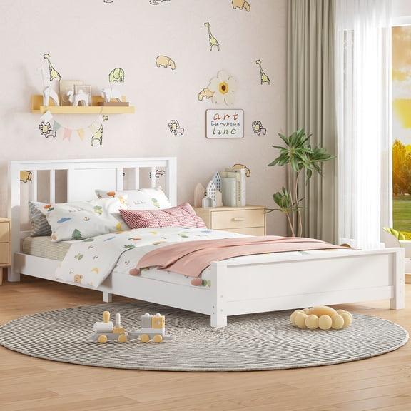 Harper & Bright Designs Twin Size Platform Bed with Headboard, Solid Wood Low Platform Bed Frame with Support Slats, White