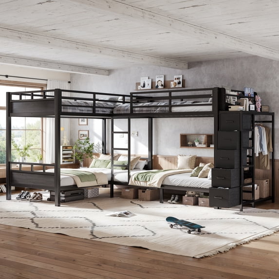 Harper & Bright Designs Twin Size Quad Bunk Bed with Storage Drawers, Metal Bunk Bed Frame with Wardrobe and Open Shelves, Industrial Bunk Bed with Ladder and Guardrail for 4, Black