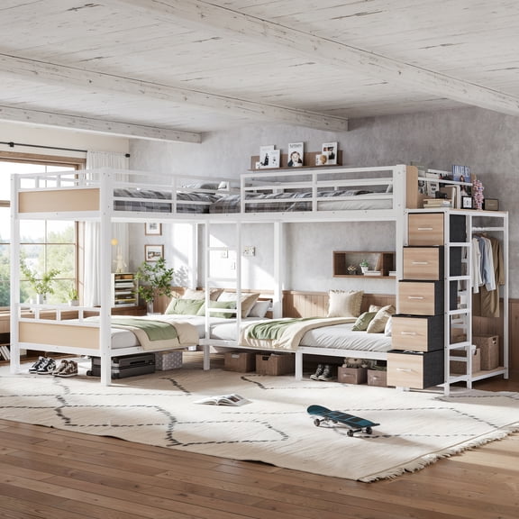 Harper & Bright Designs Twin Size Quad Bunk Bed with Storage Drawers, Metal Bunk Bed Frame with Wardrobe and Open Shelves, Industrial Bunk Bed with Ladder and Guardrail for 4, White