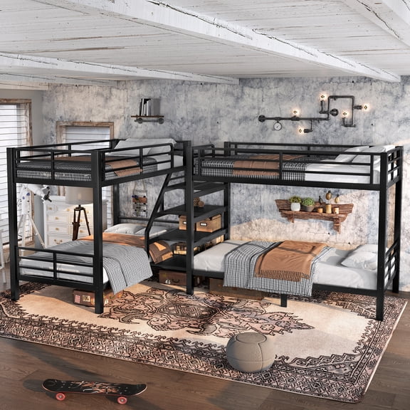 Harper & Bright Designs Twin Size Quad Bunk Bed with Storage Shelves, L-Shaped Metal Bunk Bed Frame with Guardrail, Heavy Duty Bunk Bed with Stair for 4, Black