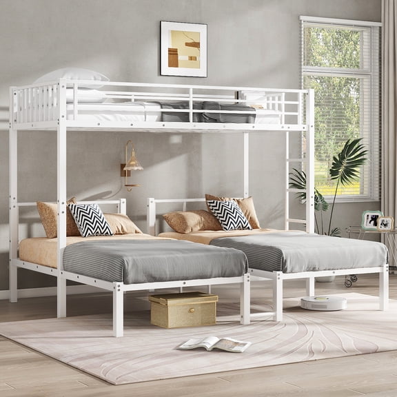 Harper & Bright Designs Twin Size Triple Bunk Bed with Ladder and Guardrails, Twin over Twin & Twin Metal Loft Bed Frame for Bedroom, White