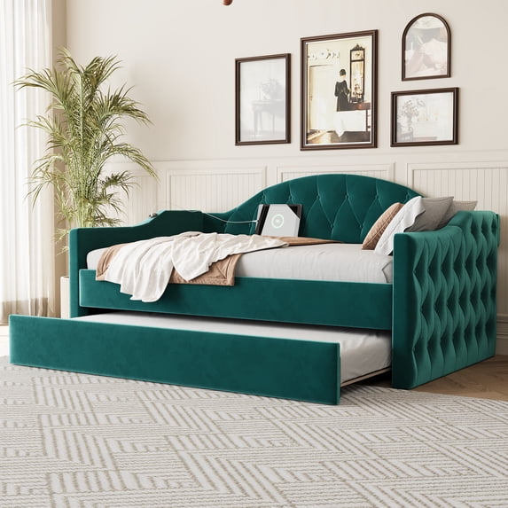 Harper & Bright Designs Twin Size Tufted Upholstered Daybed with Trundle, Twin Velvet Sofabed with USB & Charging Ports, Green