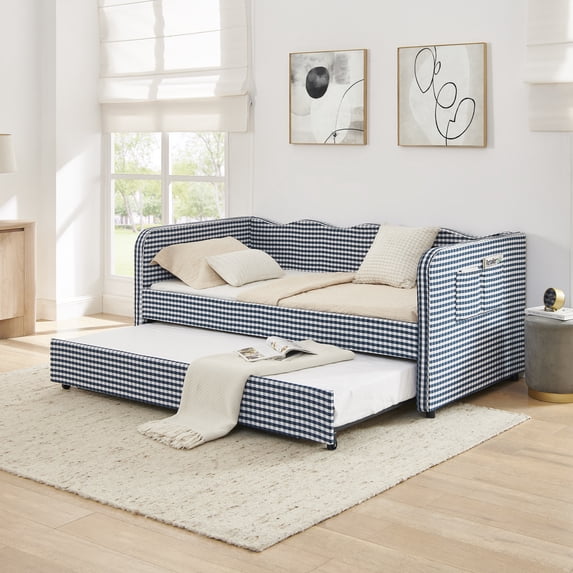 Harper & Bright Designs Twin Size Upholstered Daybed with Pull‑out Trundle, Corner Bed Frame with Wavy Backrest, Convertible Sofa Bed with Side Storage and Rolling Wheels for Bedroom, Dark Blue