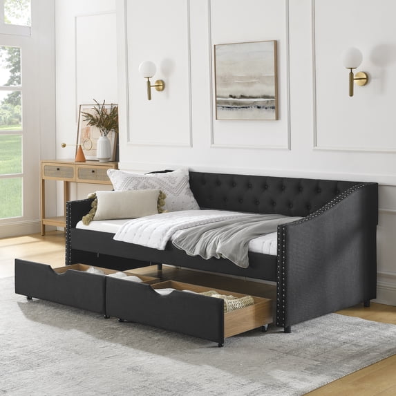 Harper & Bright Designs Twin Size Upholstered Daybed with Storage Drawers, Tufted Sofa Bed Frame with Waved Shape Arms for Living Room and Bedroom, Black