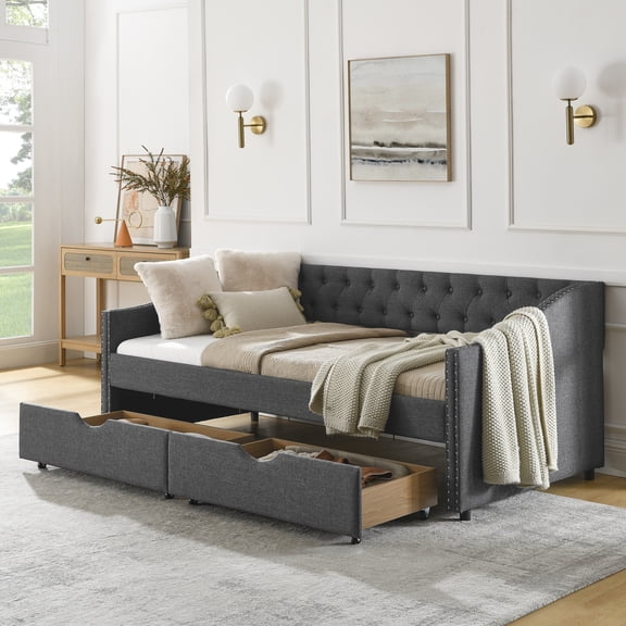 Harper & Bright Designs Twin Size Upholstered Daybed with Storage Drawers, Tufted Sofa Bed Frame with Waved Shape Arms for Living Room and Bedroom, Dark Gray