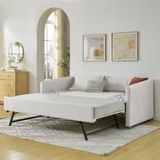 Harper & Bright Designs Twin Size Upholstered Daybed with Trundle, Linen Sofa Bed Frame with Vertical Stripes Design for Living Room and Bedroom, Beige