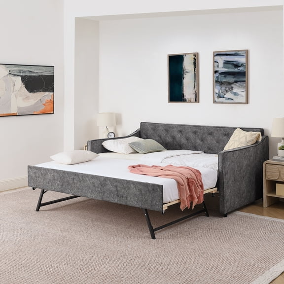 Harper & Bright Designs Twin Size Upholstered Daybed with Pop-up Trundle, Velvet Sofa Bed Frame with USB Charging for Living Room and Bedroom, Gray