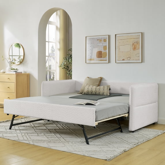 Harper & Bright Designs Twin Size Upholstered Daybed with Trundle, Boucle Sofa Bed Frame for Living Room and Bedroom, Beige
