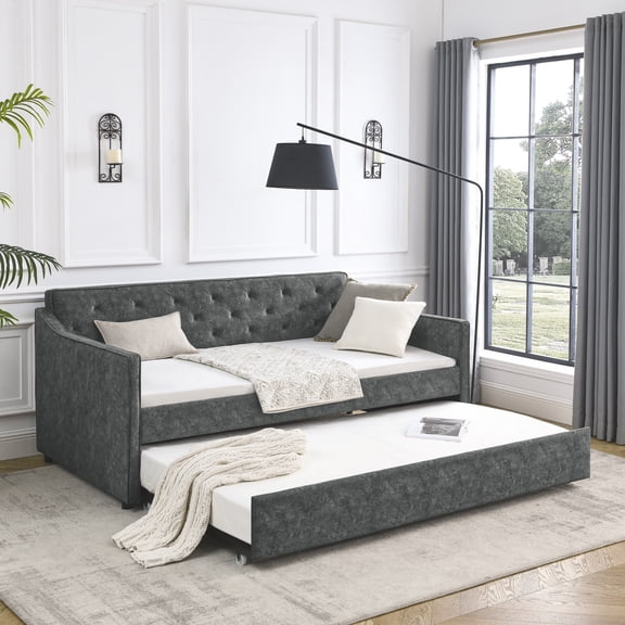 Harper & Bright Designs Twin Size Upholstered Daybed with Trundle, Tufted Sofa Bed Frame with Waved Shape Arms for Living Room and Bedroom, Gray